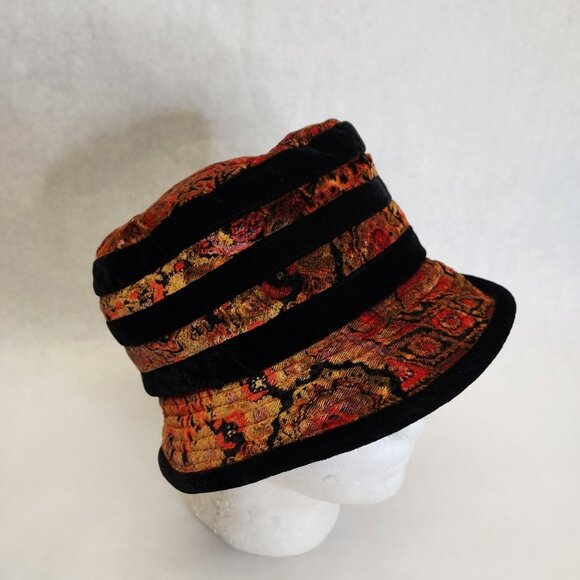 Scala Collezione Bucket Hat Women's Black Floral Stripe Velvet Velour Cloche O/S - Picture 2 of 14